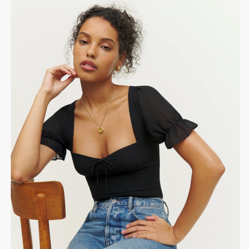 NWT Reformation Delevan Top Black Puff Sleeve Blouse size 6